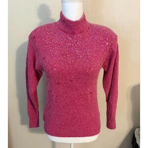 Vintage Raoul Petite Pink Beaded Turtleneck Silk Angora Sweater Embellished